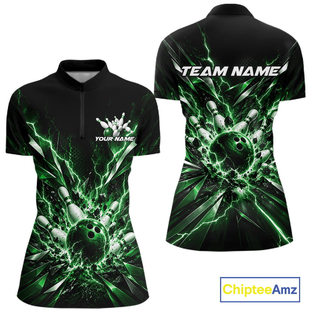 Custom Black And Green Lightning Bowling Tournament Jersey, Bowling Team Shirt