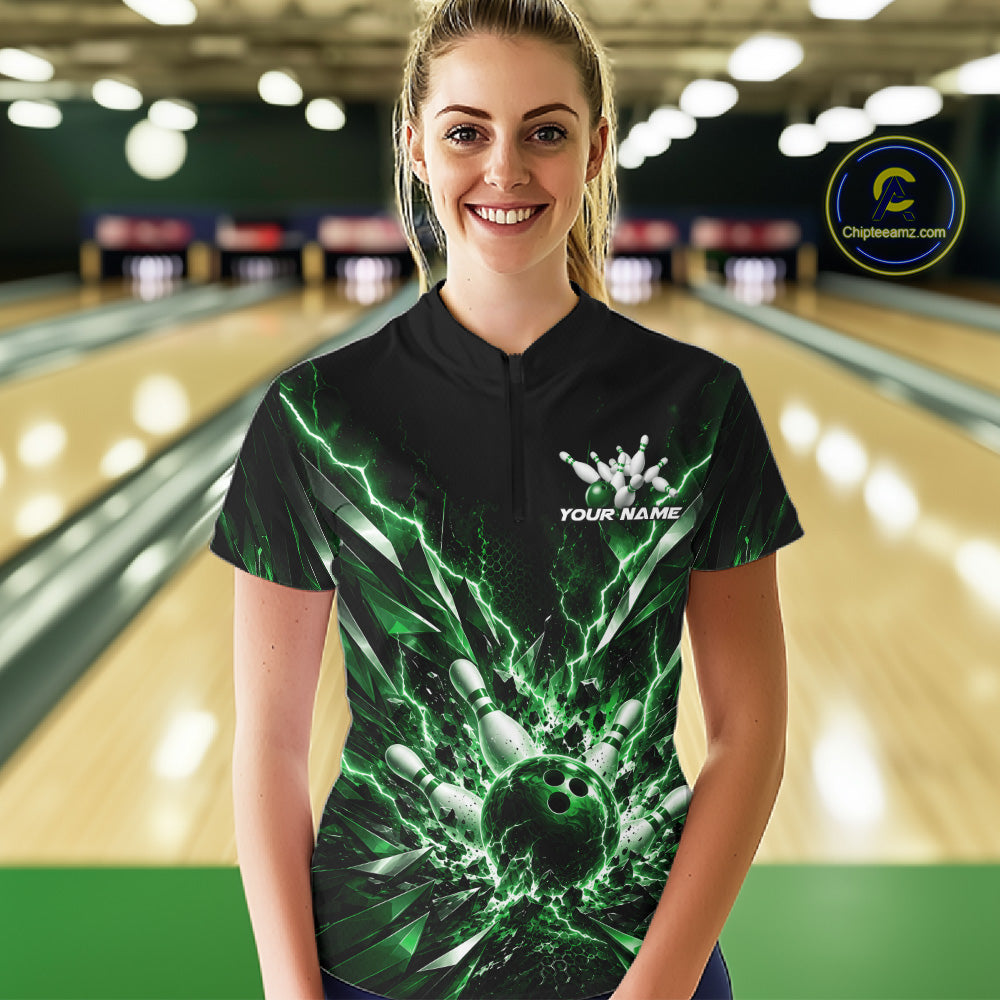 Custom Black And Green Lightning Bowling Tournament Jersey, Bowling Team Shirt