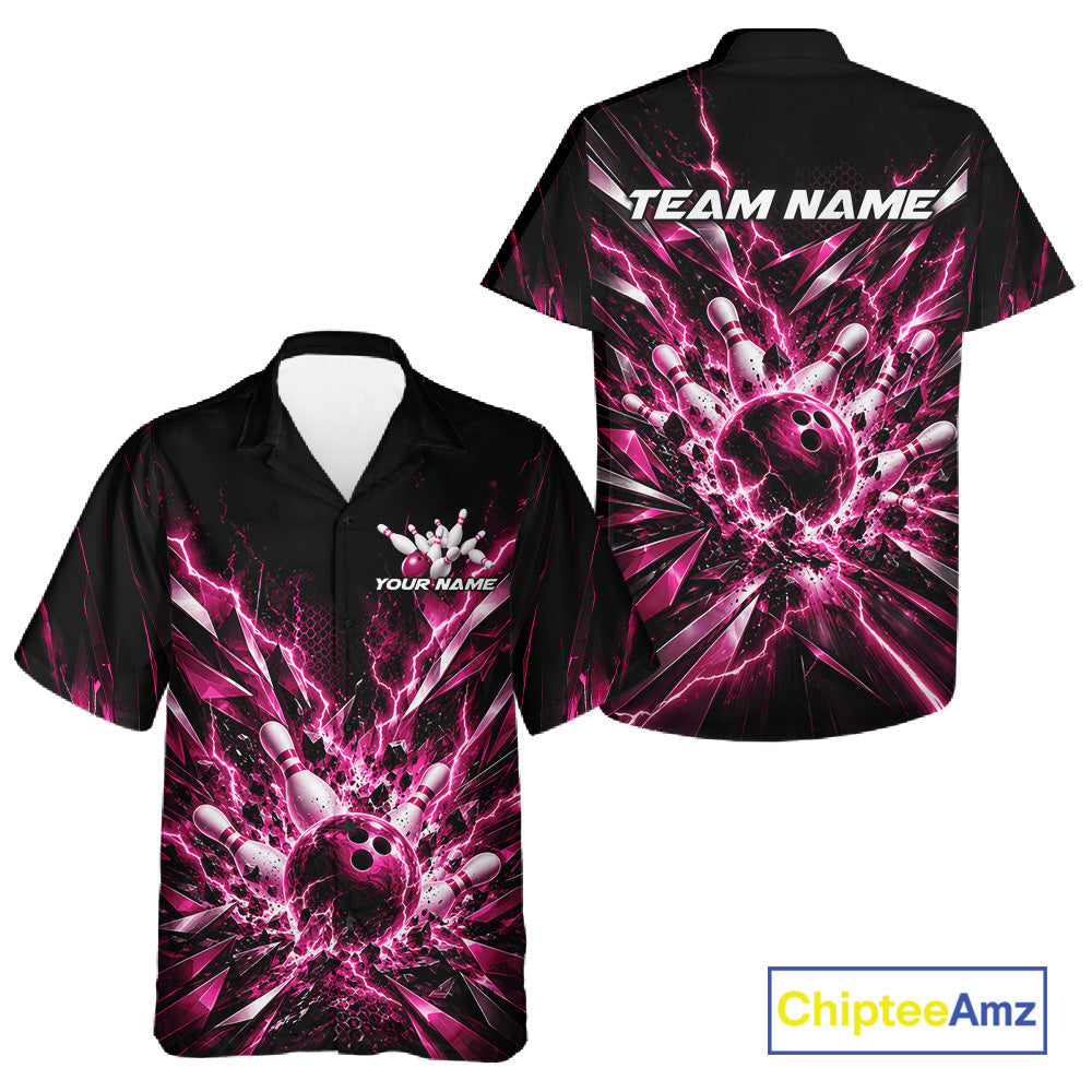Custom Black And Pink Lightning Bowling Tournament Jersey, Bowling Team And Button Up Shirt