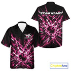 Custom Black And Pink Lightning Bowling Tournament Jersey, Bowling Team And Button Up Shirt