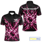 Custom Black And Pink Lightning Bowling Tournament Jersey, Bowling Team Polo Shirt