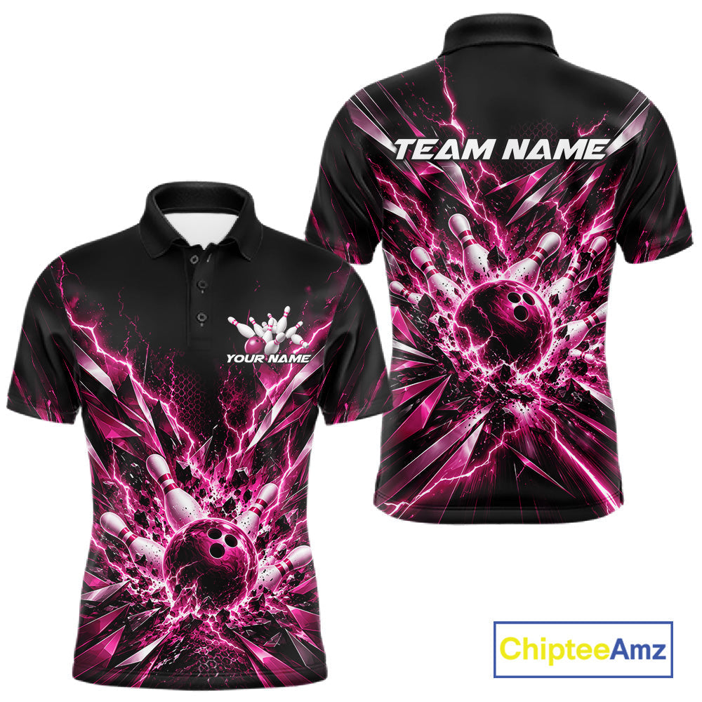 Custom Black And Pink Lightning Bowling Tournament Jersey, Bowling Team Polo Shirt