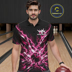 Custom Black And Pink Lightning Bowling Tournament Jersey, Bowling Team Polo Shirt