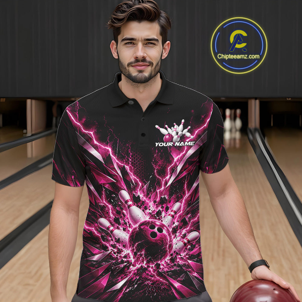 Custom Black And Pink Lightning Bowling Tournament Jersey, Bowling Team Polo Shirt