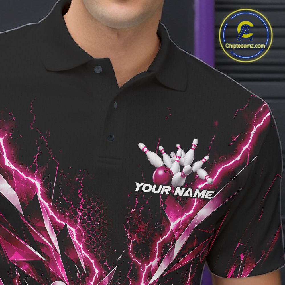 Custom Black And Pink Lightning Bowling Tournament Jersey, Bowling Team Polo Shirt