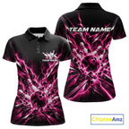 Custom Black And Pink Lightning Bowling Tournament Jersey, Bowling Team Polo Shirt