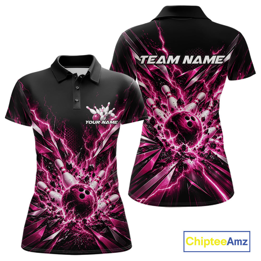 Custom Black And Pink Lightning Bowling Tournament Jersey, Bowling Team Polo Shirt