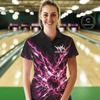 Custom Black And Pink Lightning Bowling Tournament Jersey, Bowling Team Polo Shirt