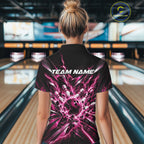 Custom Black And Pink Lightning Bowling Tournament Jersey, Bowling Team Polo Shirt