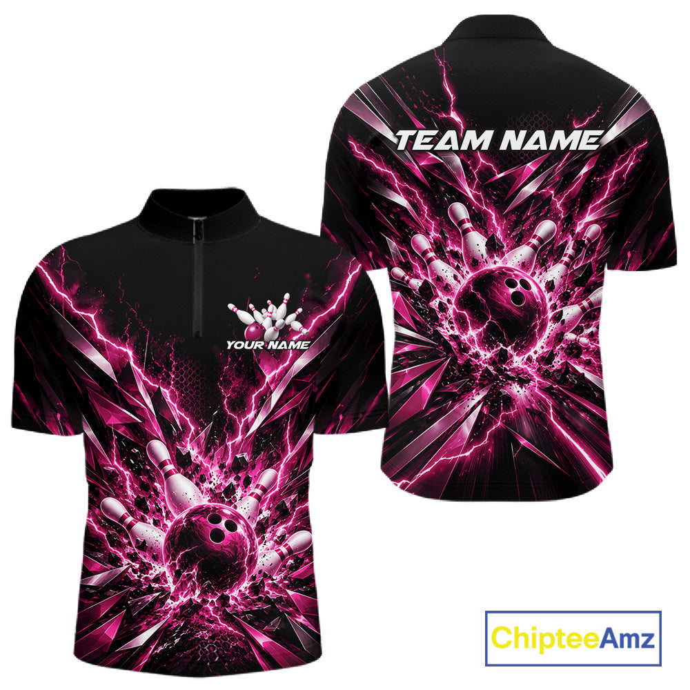 Custom Black And Pink Lightning Bowling Tournament Jersey, Bowling Team Quarter Zip Shirt