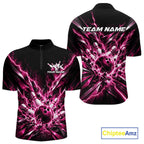 Custom Black And Pink Lightning Bowling Tournament Jersey, Bowling Team Quarter Zip Shirt