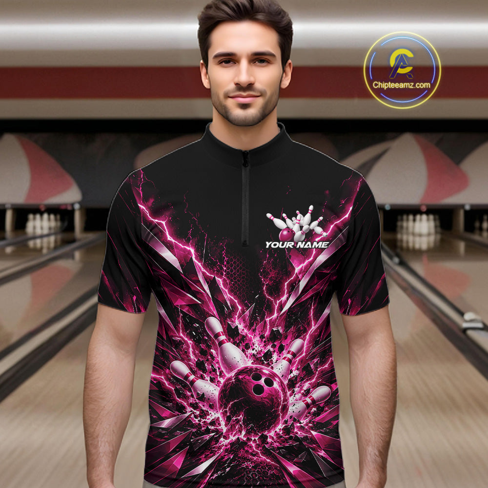 Custom Black And Pink Lightning Bowling Tournament Jersey, Bowling Team Quarter Zip Shirt