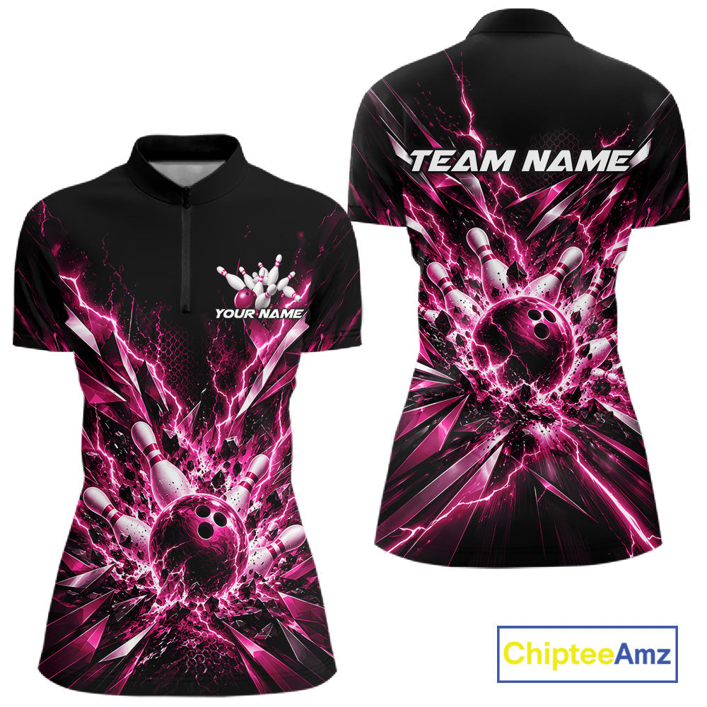 Custom Black And Pink Lightning Bowling Tournament Jersey, Bowling Team Shirt