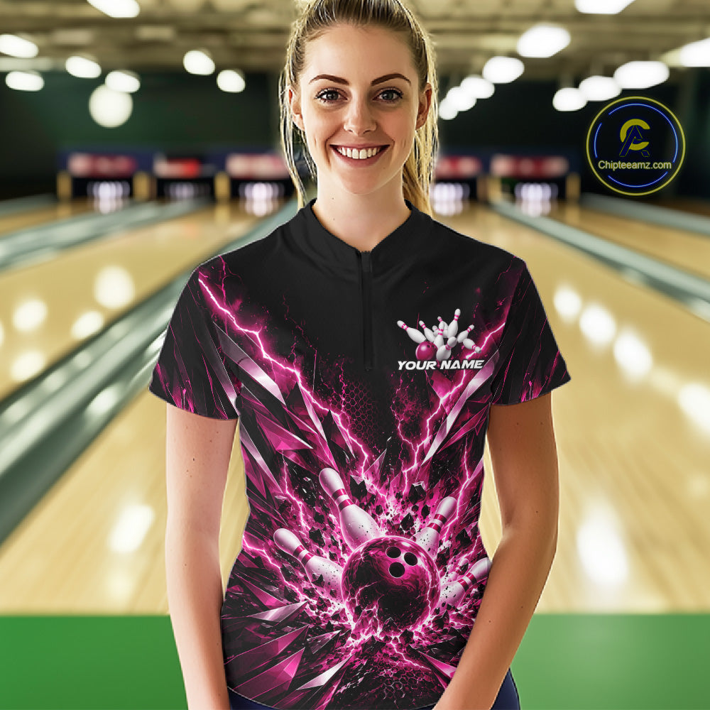 Custom Black And Pink Lightning Bowling Tournament Jersey, Bowling Team Shirt