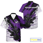 Custom Black, White And Purple Flame Bowling Jersey, Bowling Team And Button Up Shirt