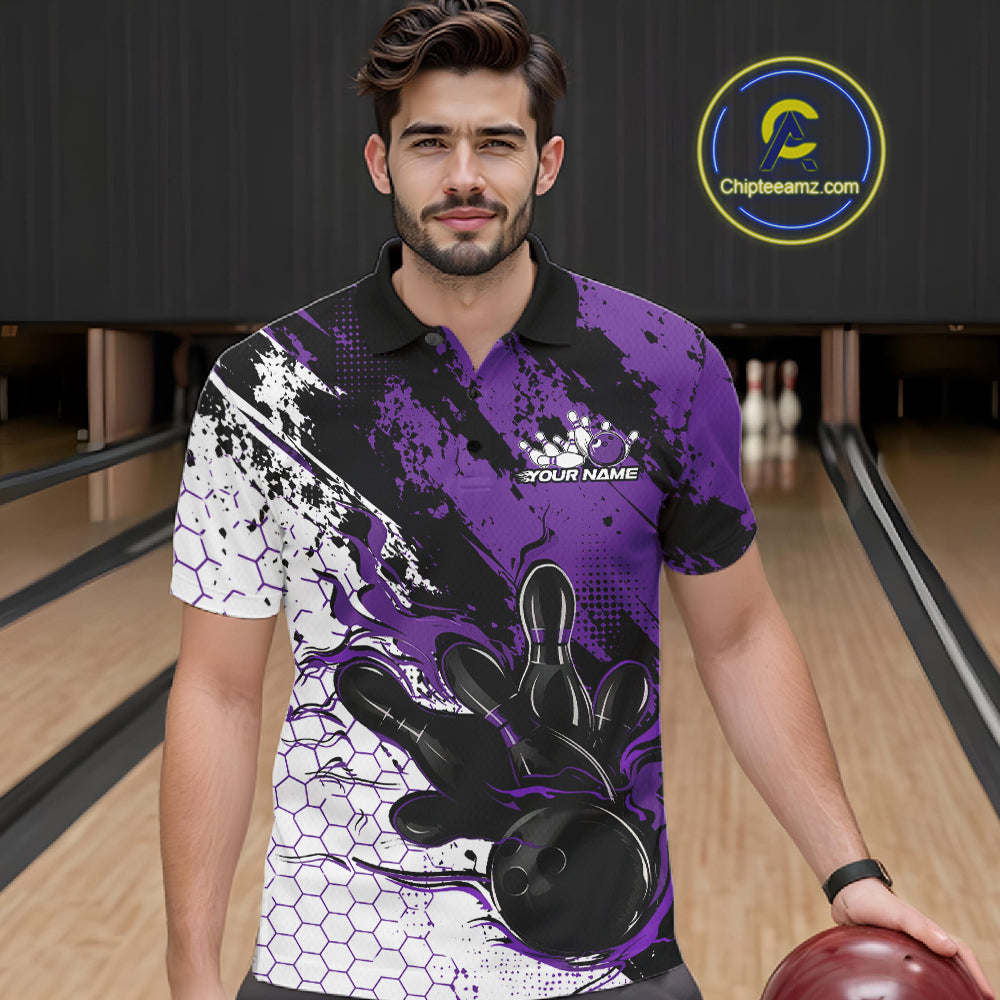 Custom Black, White And Purple Flame Bowling Jersey, Bowling Team Polo Shirt