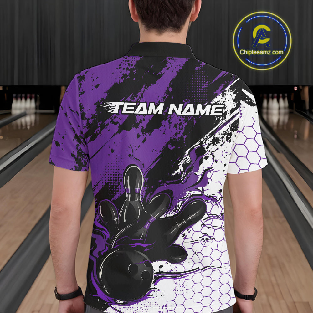 Custom Black, White And Purple Flame Bowling Jersey, Bowling Team Polo Shirt