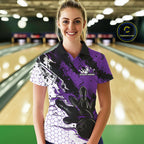 Custom Black, White And Purple Flame Bowling Jersey, Bowling Team Polo Shirt