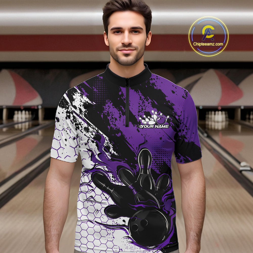 Custom Black, White And Purple Flame Bowling Jersey, Bowling Team Quarter Zip Shirt