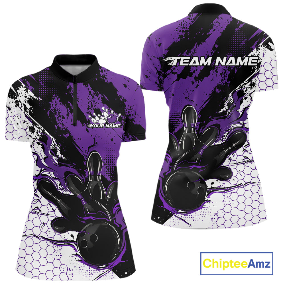 Custom Purple Flame Bowling Jersey, Bowling Team Quarter-Zip Shirt