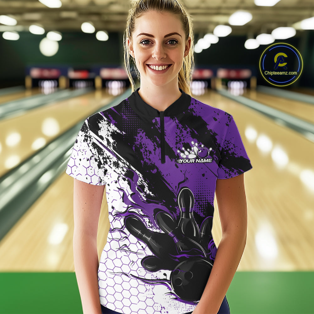 Custom Purple Flame Bowling Jersey, Bowling Team Quarter-Zip Shirt