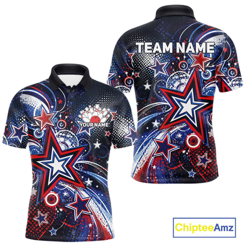Custom Red, White And Blue Americana Stars Bowling Team Shirt, Patriotic Sportwear