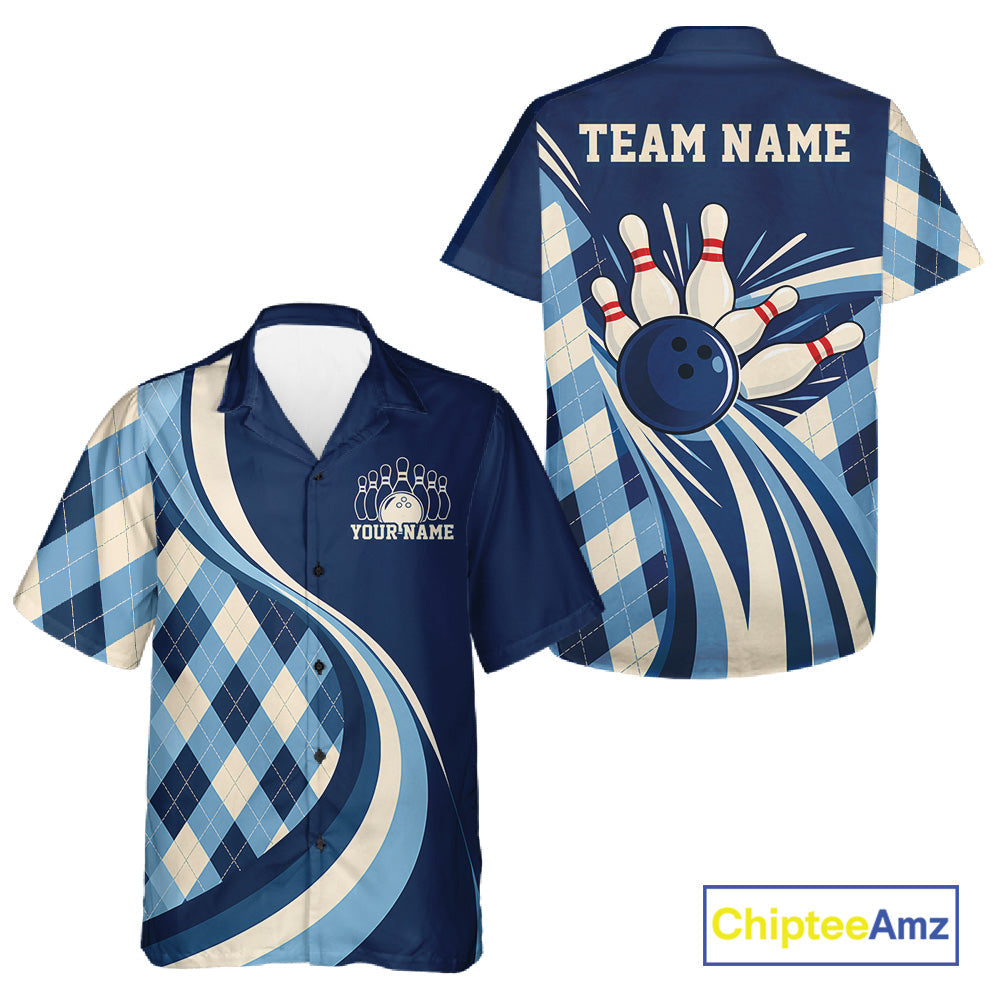 Custom Blue Argyle Pattern Retro Bowling And Button Up Shirt, Bowling Team League Shirt