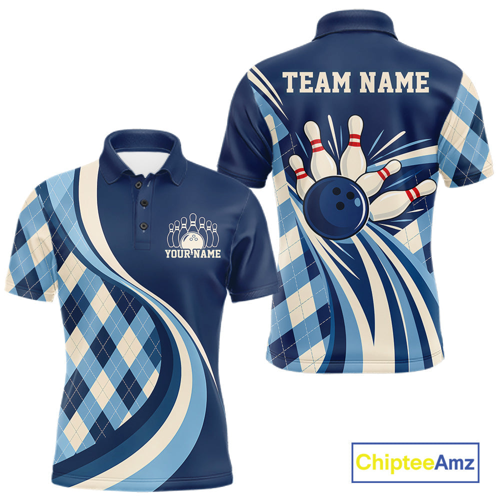 Custom Blue Argyle Pattern Retro Bowling Polo Shirt, Bowling Team League Shirt