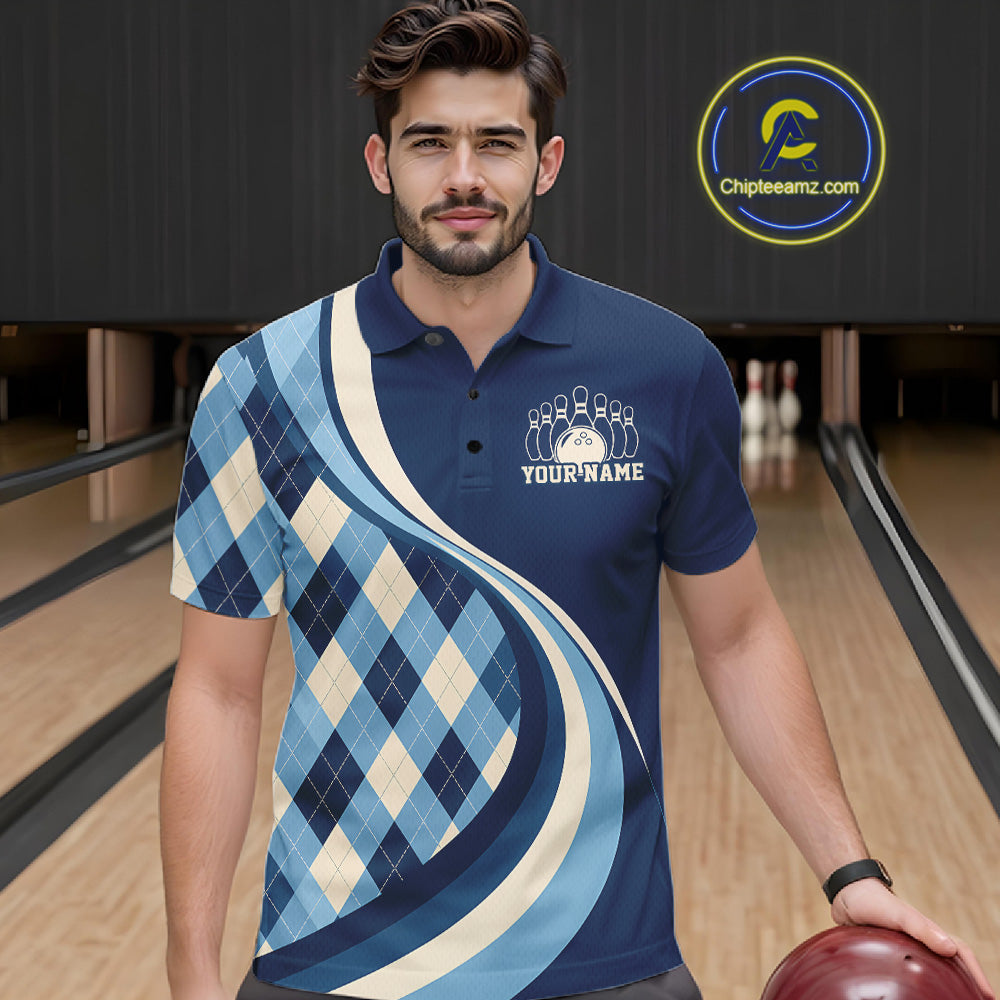 Custom Blue Argyle Pattern Retro Bowling Polo Shirt, Bowling Team League Shirt