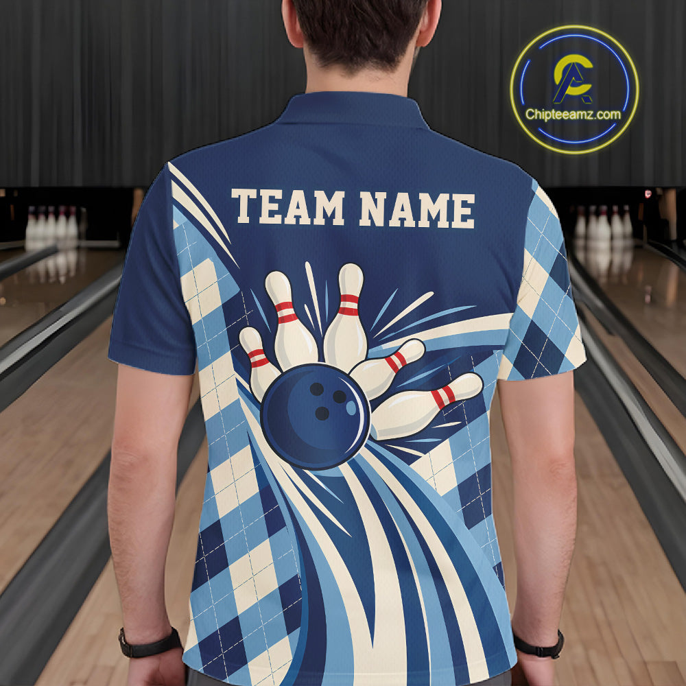 Custom Blue Argyle Pattern Retro Bowling Polo Shirt, Bowling Team League Shirt