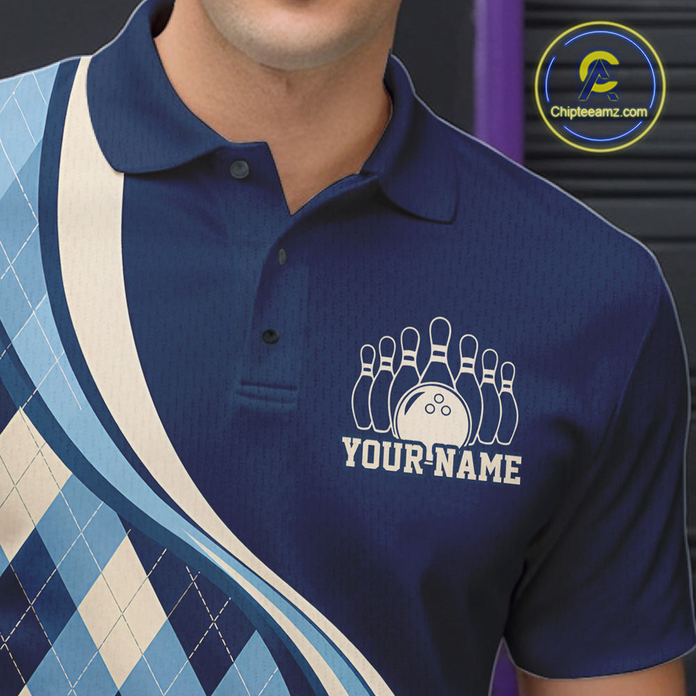 Custom Blue Argyle Pattern Retro Bowling Polo Shirt, Bowling Team League Shirt
