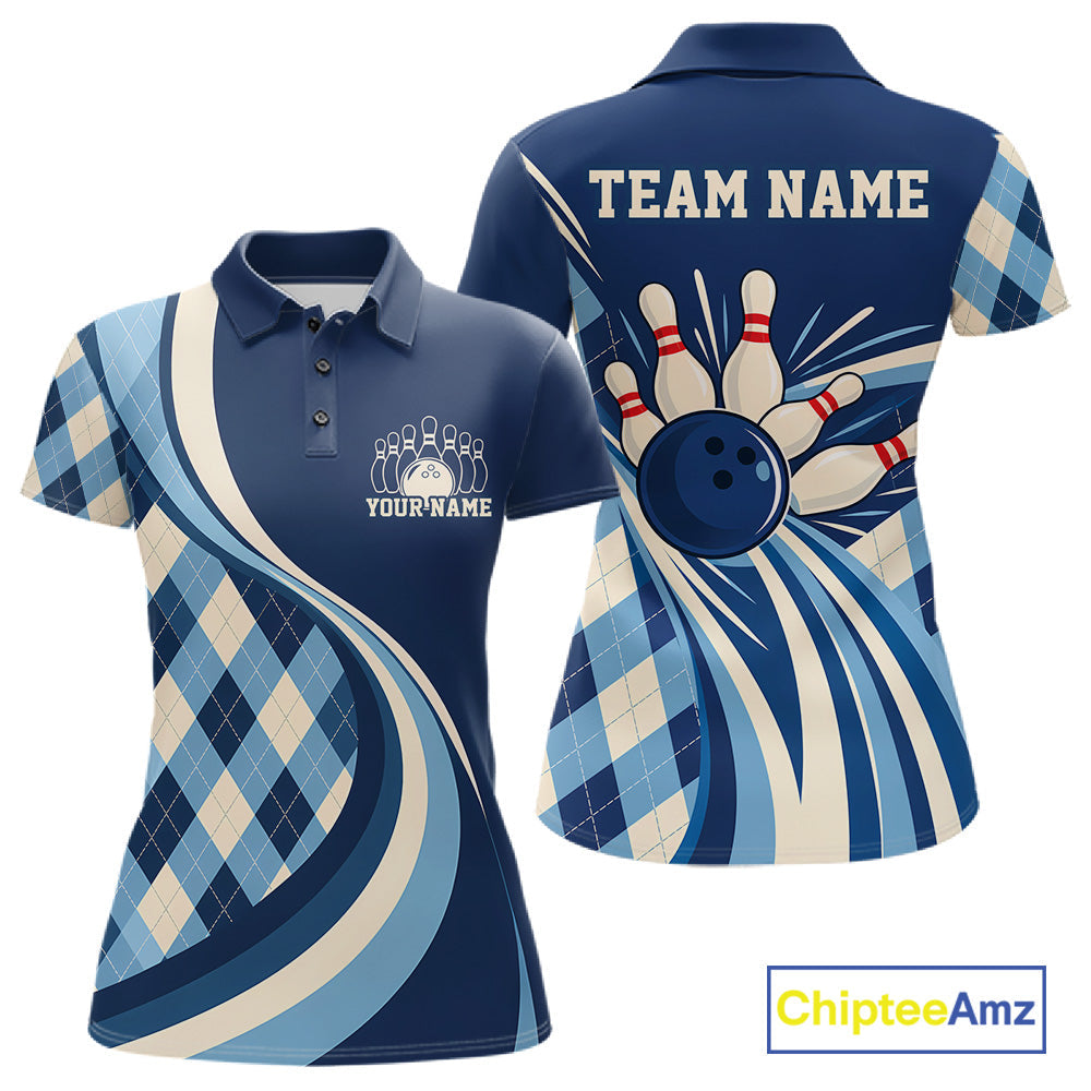 Custom Blue Argyle Pattern Retro Bowling Polo Shirt, Bowling Team League Shirt