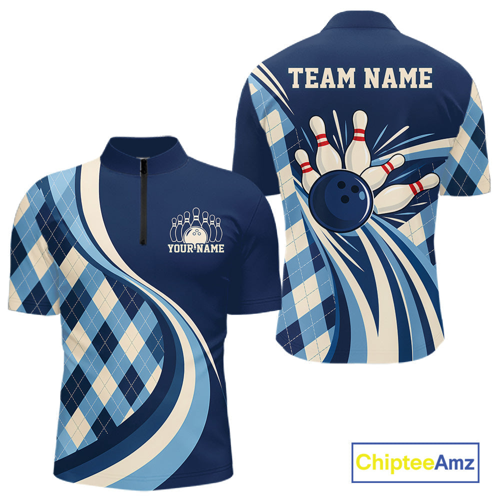 Custom Blue Argyle Pattern Retro Bowling Quarter Zip Shirt, Bowling Team League Shirt