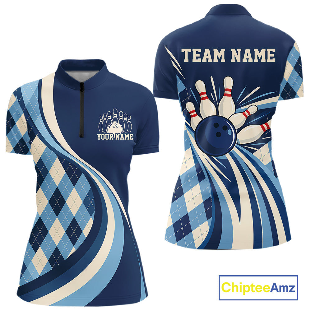 Custom Blue Argyle Pattern Retro Bowling Quarter-Zip Shirt, Bowling League Shirt