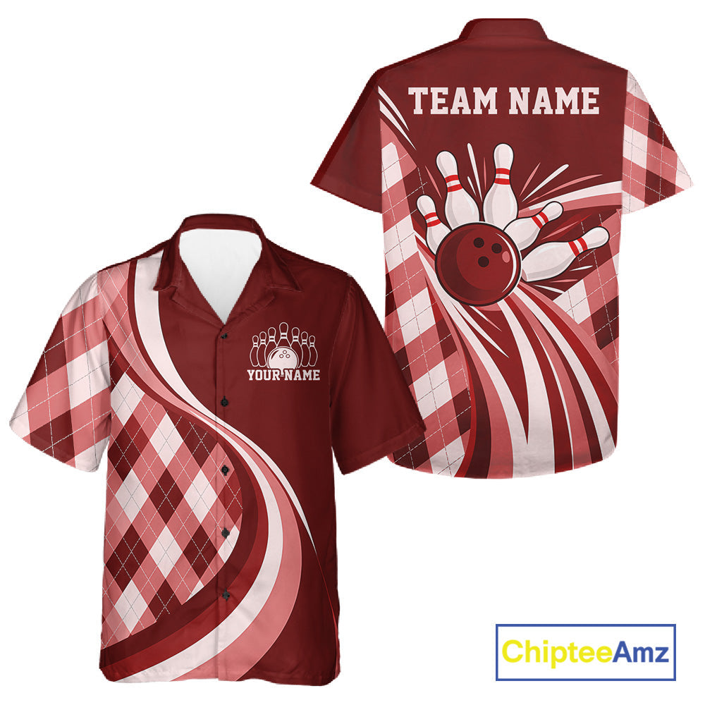Custom Red Argyle Pattern Retro Bowling And Button Up Shirt, Bowling Team League Shirt