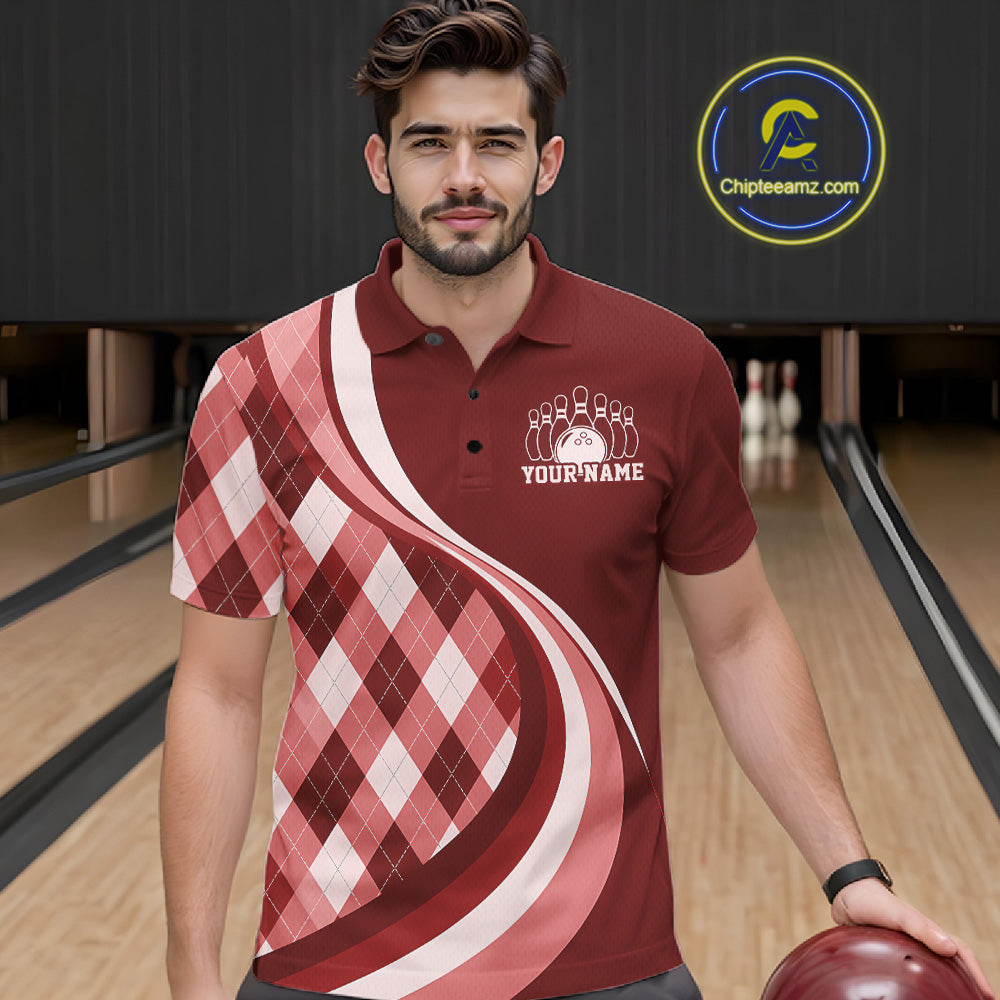 Custom Red Argyle Pattern Retro Bowling Polo Shirt, Bowling Team League Shirt