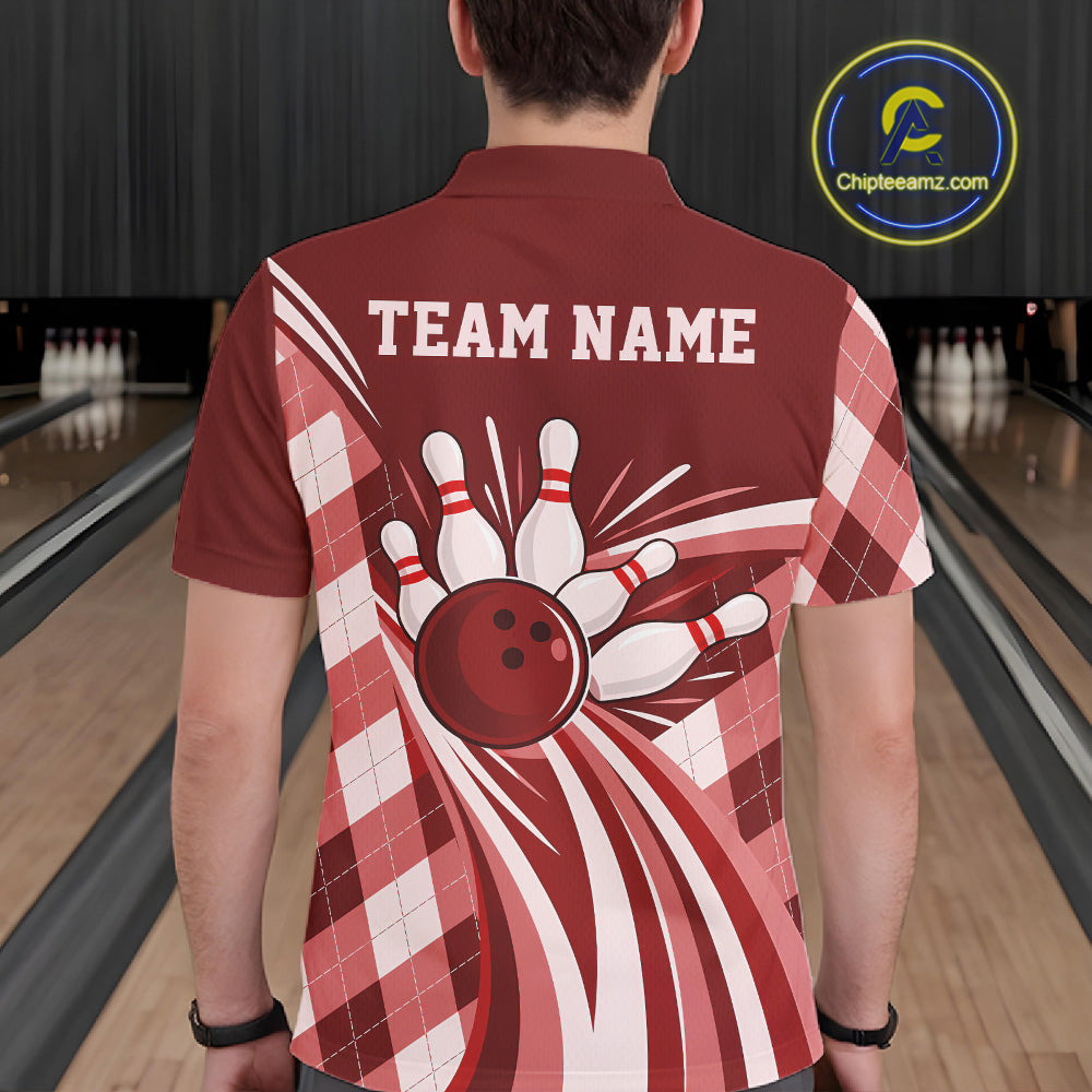 Custom Red Argyle Pattern Retro Bowling Polo Shirt, Bowling Team League Shirt