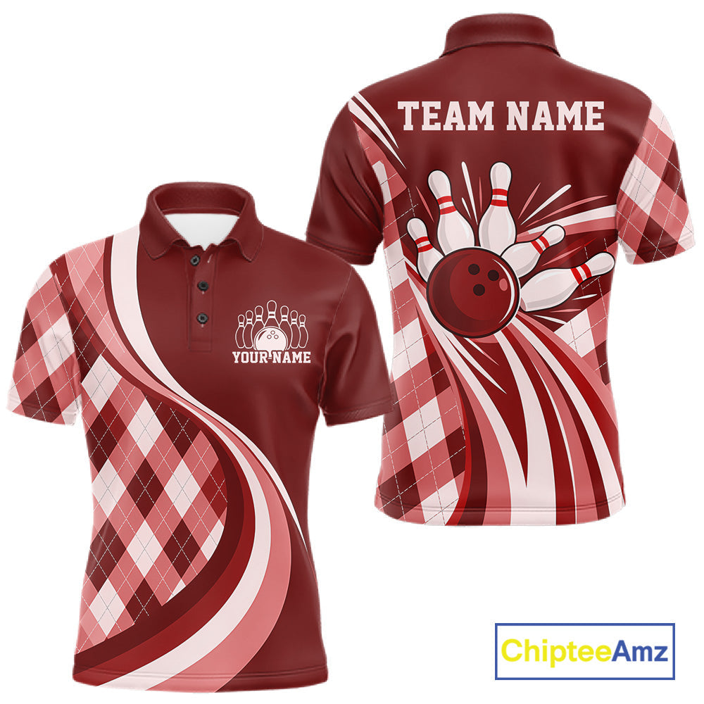 Custom Red Argyle Pattern Retro Bowling Polo Shirt, Bowling Team League Shirt
