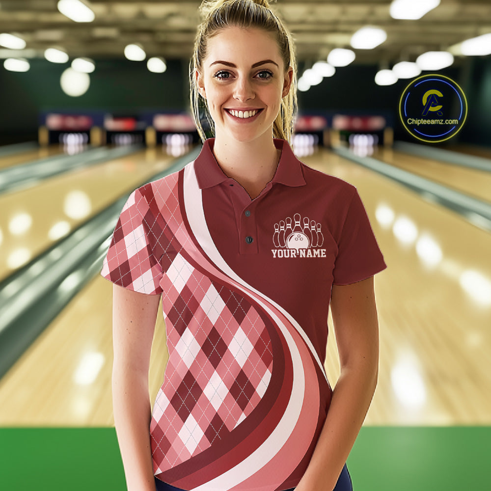 Custom Red Argyle Pattern Retro Bowling Polo Shirt, Bowling Team League Shirt