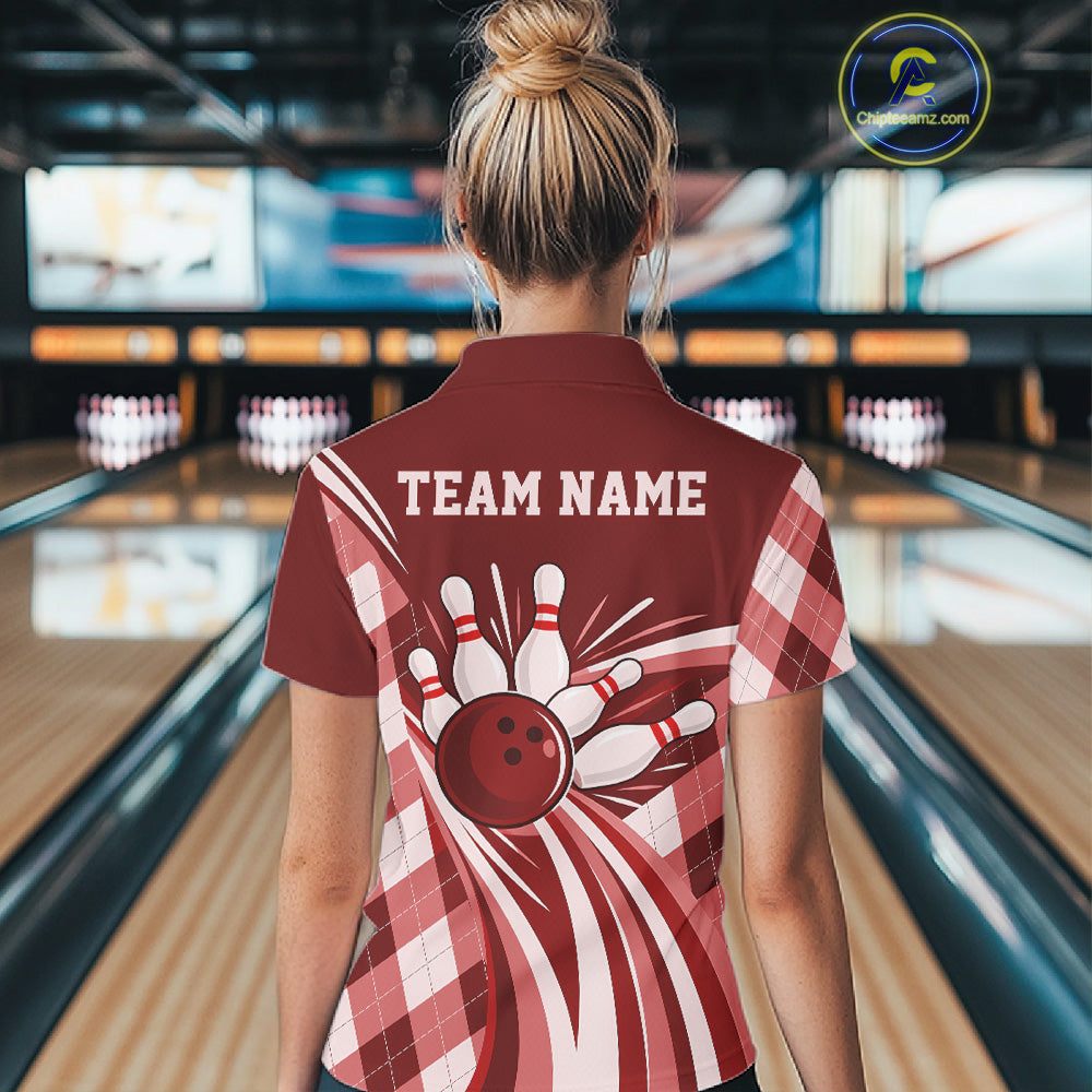 Custom Red Argyle Pattern Retro Bowling Polo Shirt, Bowling Team League Shirt