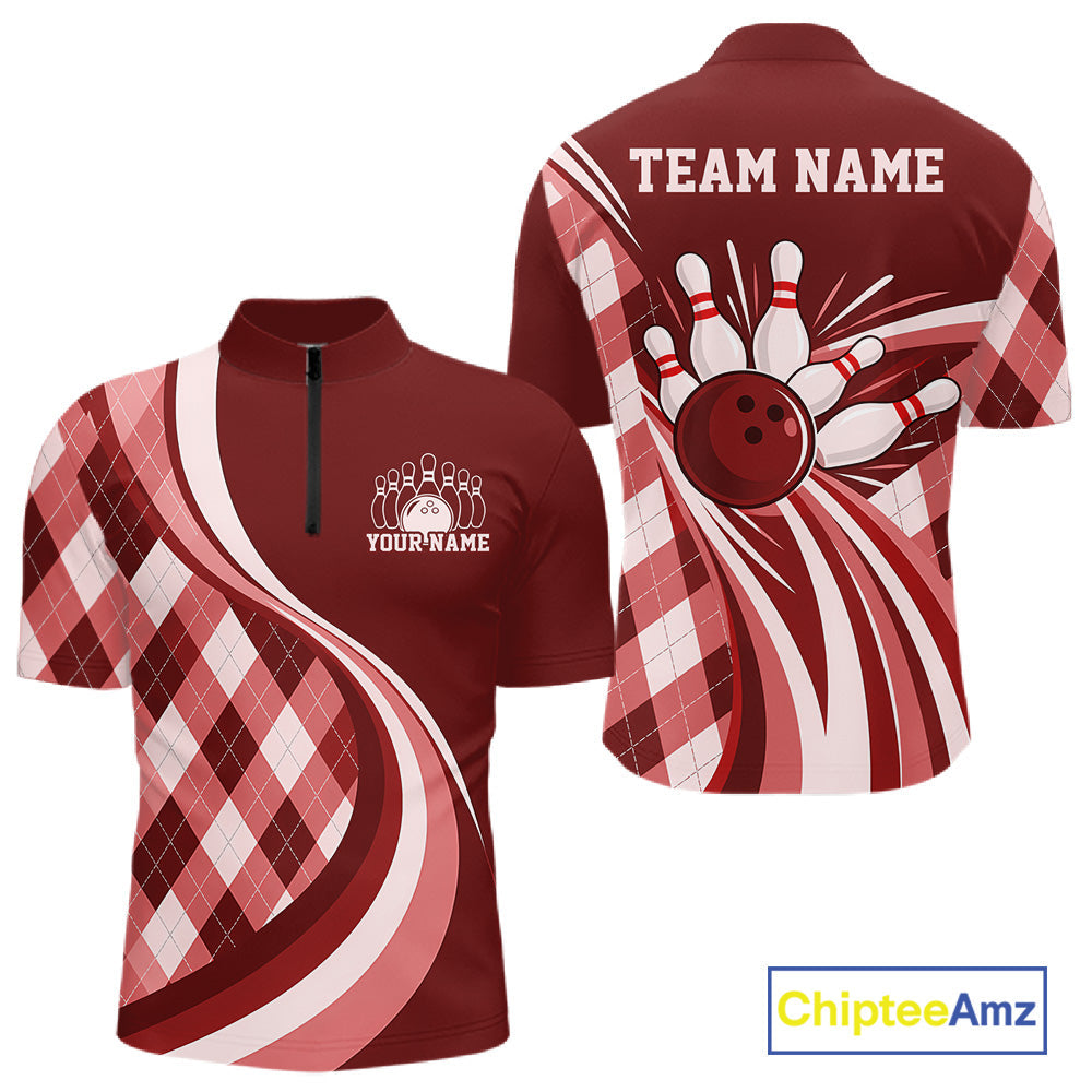 Custom Red Argyle Pattern Retro Bowling Quarter Zip Shirt, Bowling Team League Shirt