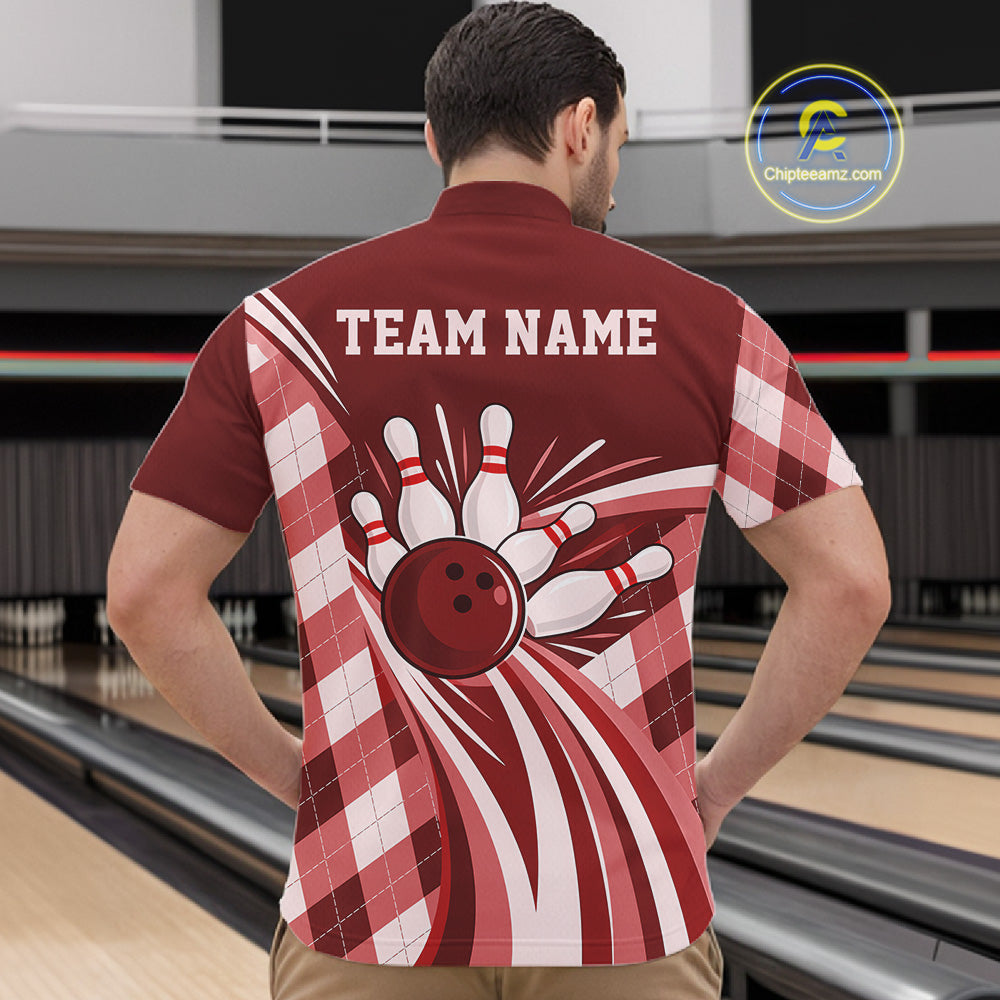 Custom Red Argyle Pattern Retro Bowling Quarter Zip Shirt, Bowling Team League Shirt
