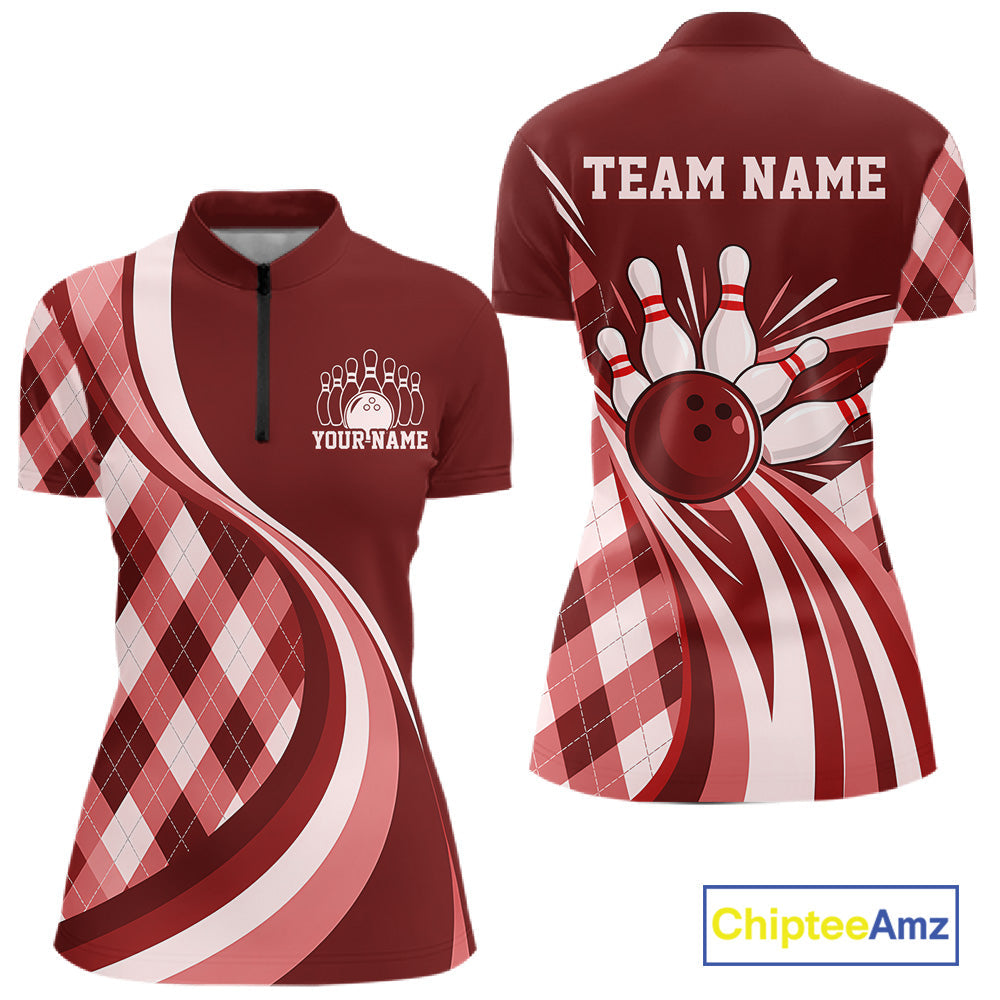 Custom Red Argyle Pattern Retro Bowling Quarter-Zip Shirt, Bowling League Shirt