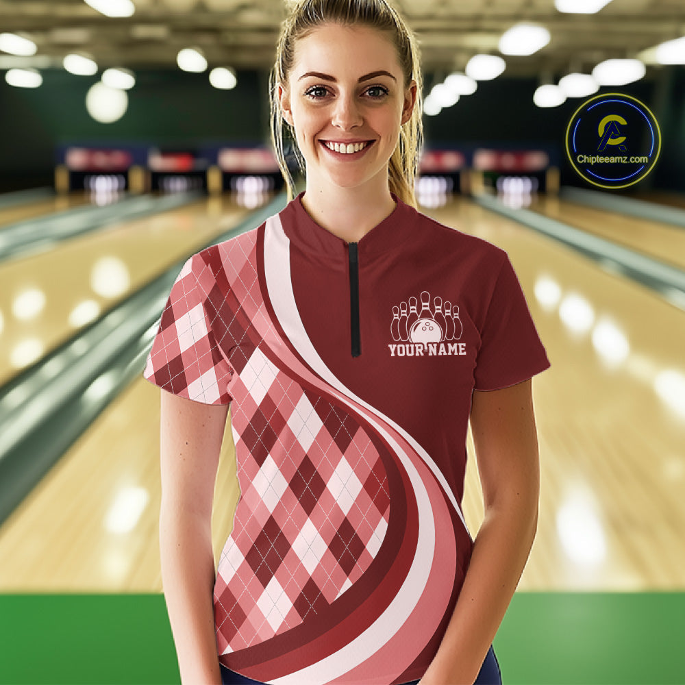Custom Red Argyle Pattern Retro Bowling Quarter-Zip Shirt, Bowling League Shirt
