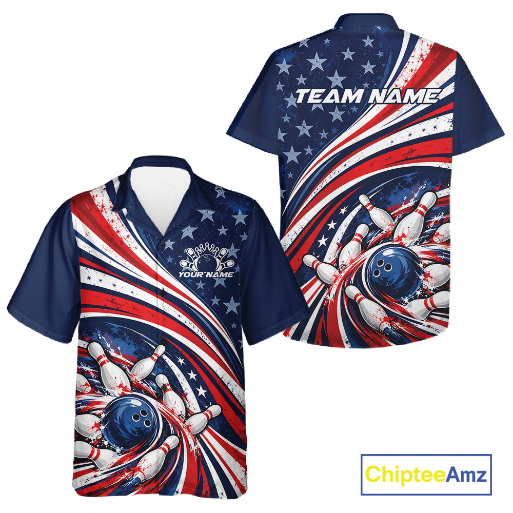 Custom Patriotic US Flag Bowling League And Button Up Shirt, American Flag Bowling Team Jerseys