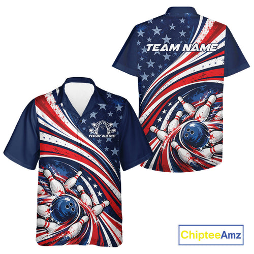 Custom Patriotic US Flag Bowling League And Button Up Shirt, American Flag Bowling Team Jerseys