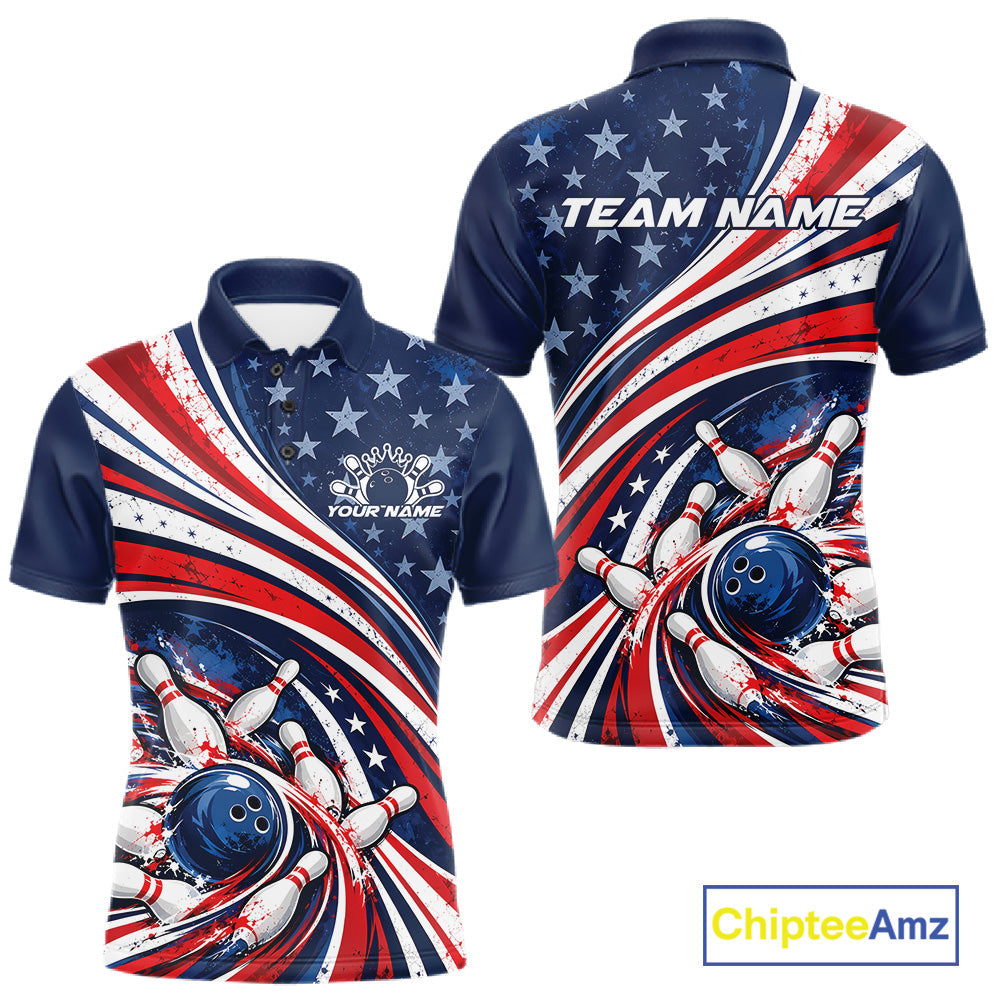 Custom Patriotic US Flag Bowling League Polo Shirt, American Flag Bowling Team Jerseys