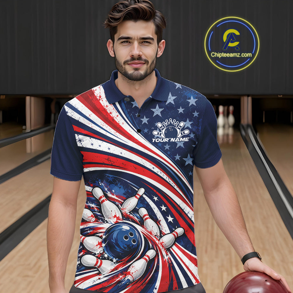 Custom Patriotic US Flag Bowling League Polo Shirt, American Flag Bowling Team Jerseys