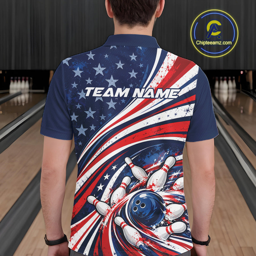 Custom Patriotic US Flag Bowling League Polo Shirt, American Flag Bowling Team Jerseys