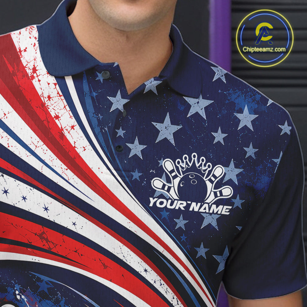 Custom Patriotic US Flag Bowling League Polo Shirt, American Flag Bowling Team Jerseys